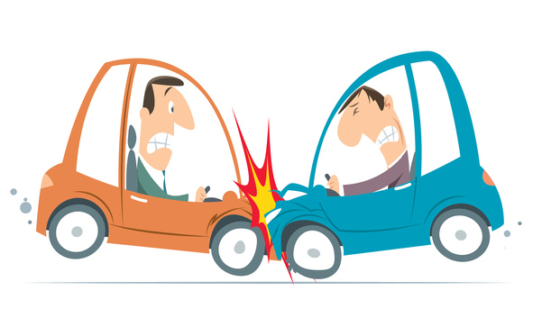 a cartoon of two cars that are having an accident
