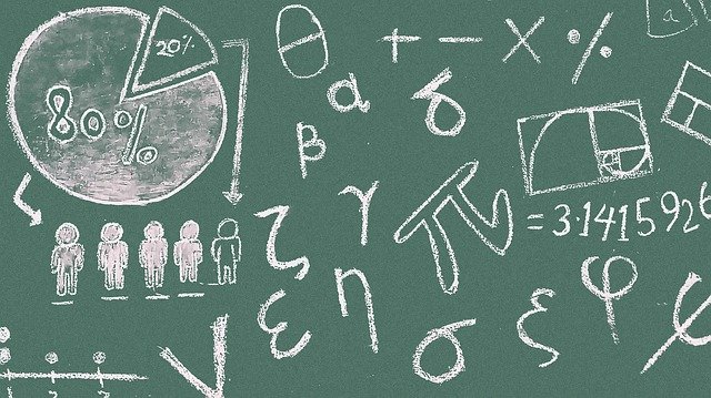 a green chalkboard with various mathematical symbols drawn on it