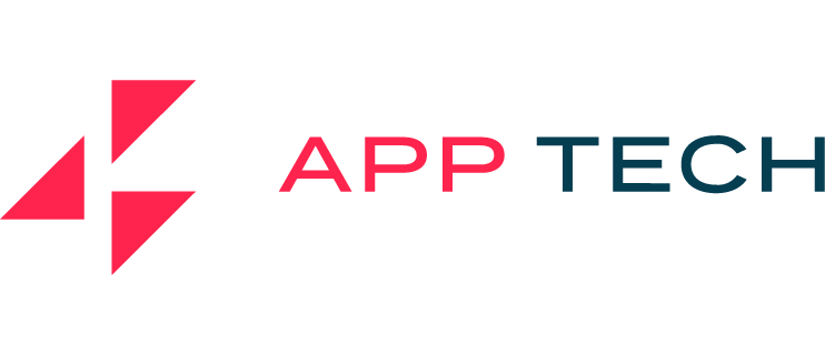 a red and blue logo for app tech on a black background