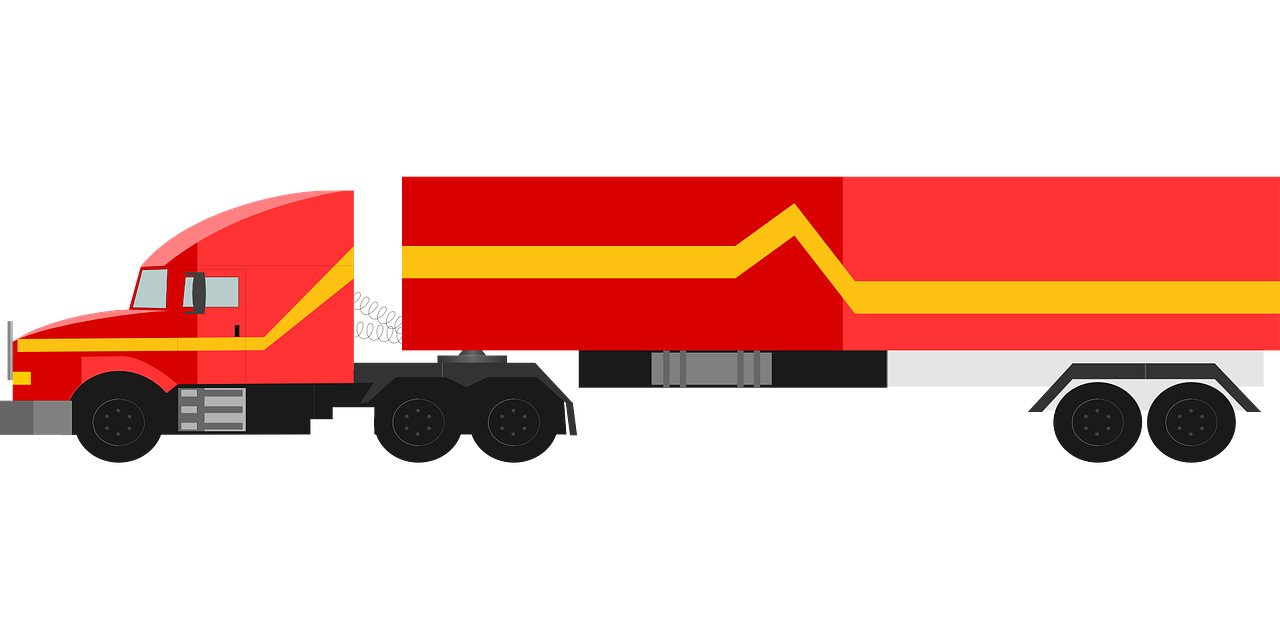 a red truck with a yellow stripe on the side is on a black background
